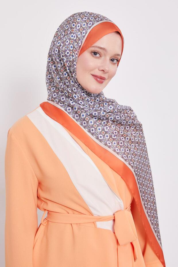 Oranj Kare Desen Hint İpeği Şal - 3