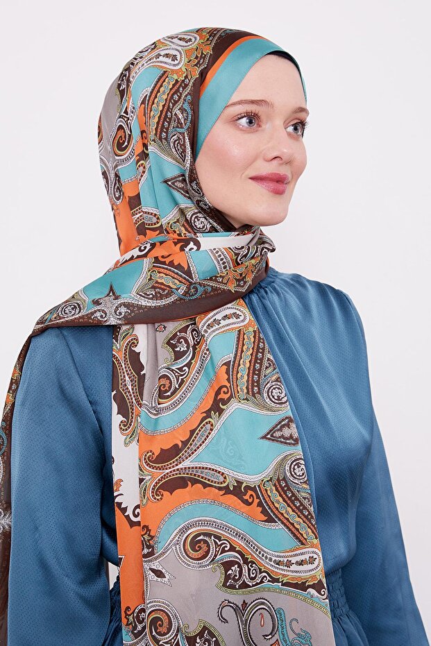 Turkuaz Bohem Desenli Hint İpeği Şal - 1