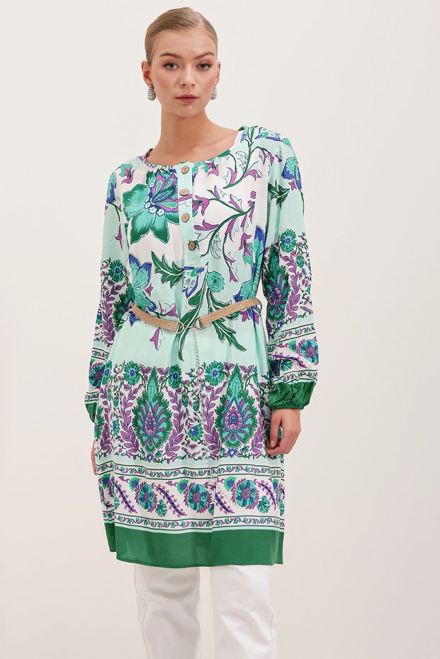 Women's Belted Patterned Dress Green 1142