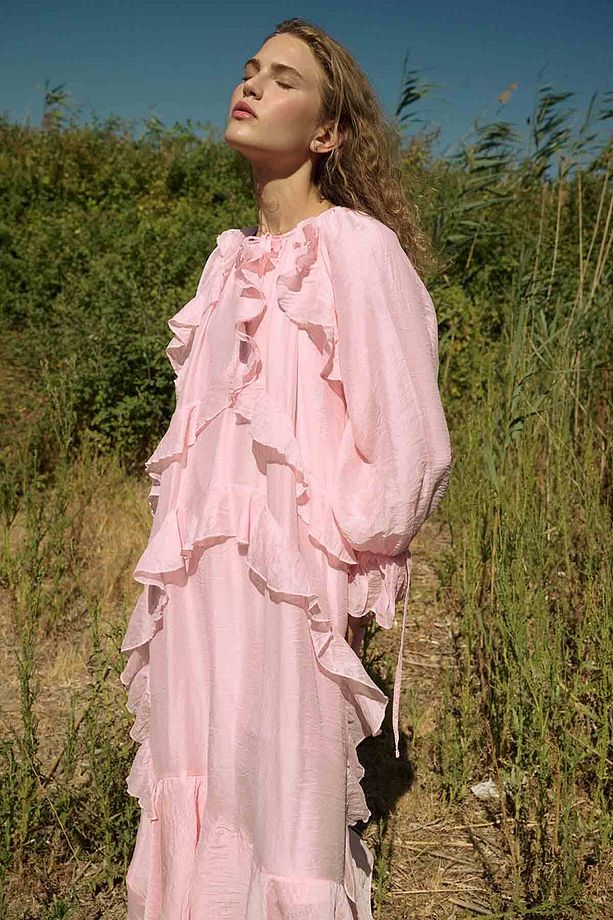 Volan Detaylı Soft Pembe Elbise - 3