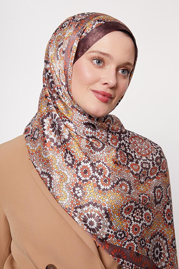K.Kahve Batik Desen Hint İpeği Şal - 1