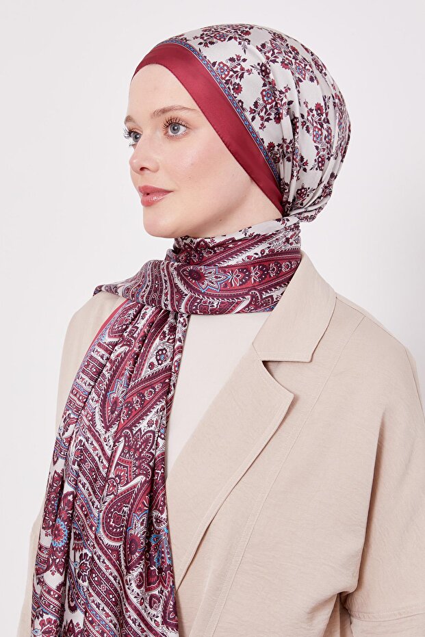 Kırmızı Sarmal Desen Hint İpeği Şal - 5