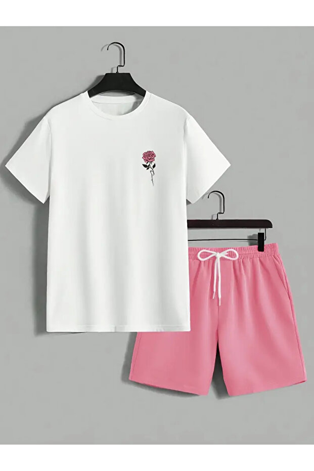 Rose Printed Unisex T-Shirt Shorts Bottom Top Set