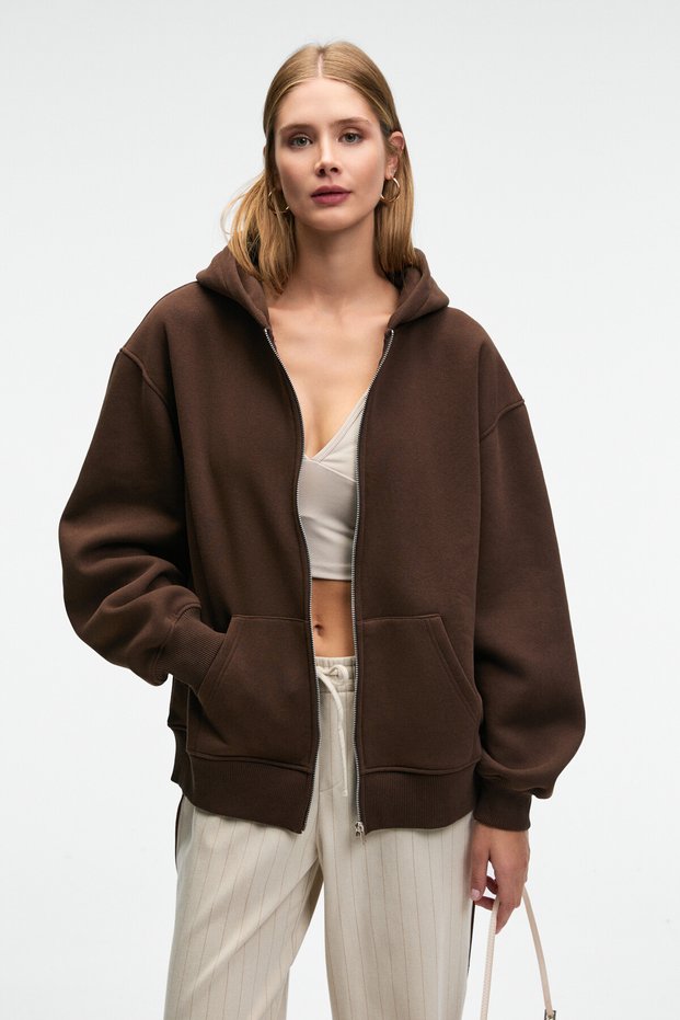 Valenya Women's Oversize Hooded Balloon Sleeve Metal Zipper Brown Sweatshirt