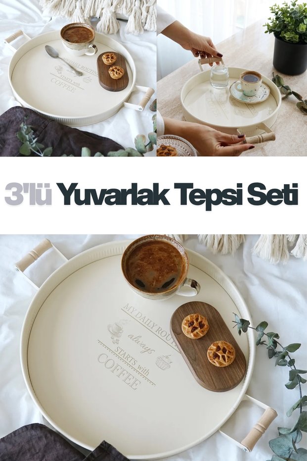 Set of 3 Round Metal Tray with Wooden Handles, Cream Set