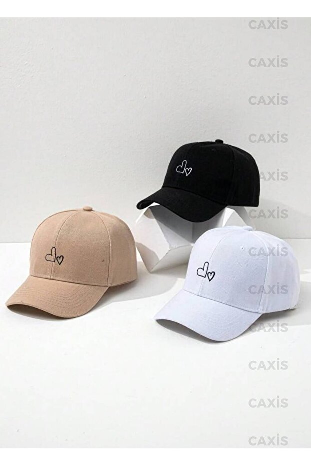 3 Piece Set Heart Printed Hat Velcro Adjustable Cap // Black - White - Dark Beige