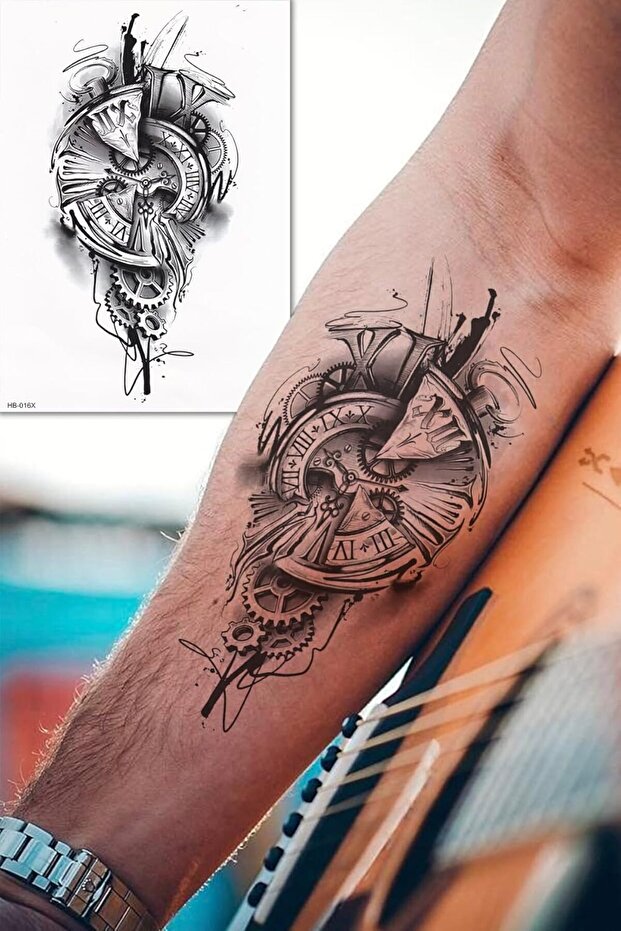 BearPear Gerçek Dövme Görünümlü 3 Boyutlu Saat Dövmesi, Tattoo, Erkek Geçici Dövme, Kol Dövmesi, Omu - 2