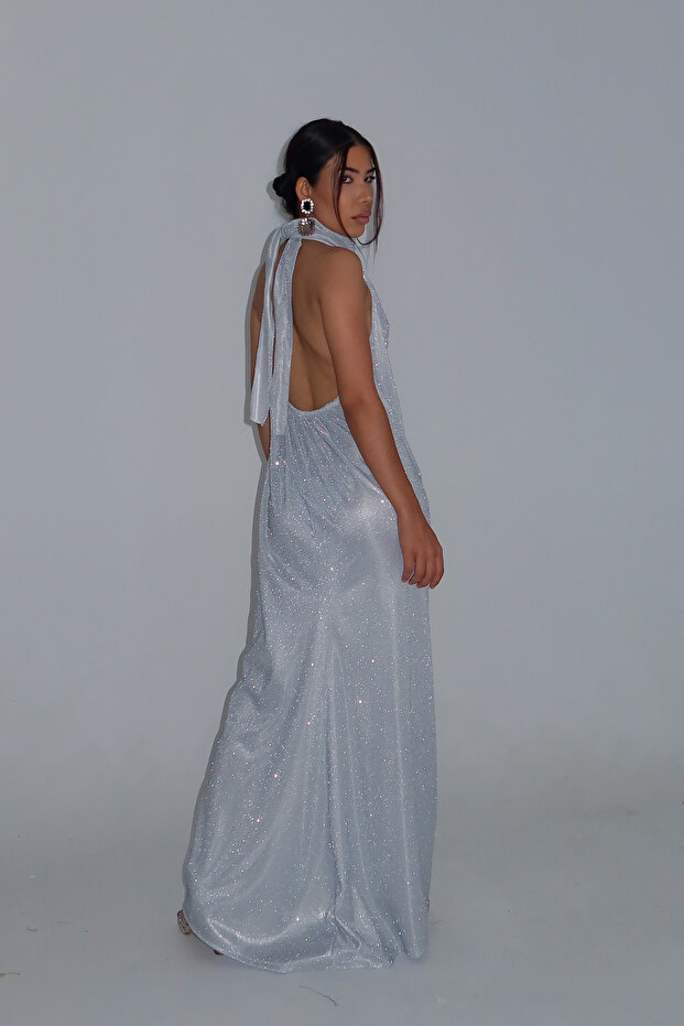 Simli Boğazlı degaje mavi boy elbise - 4