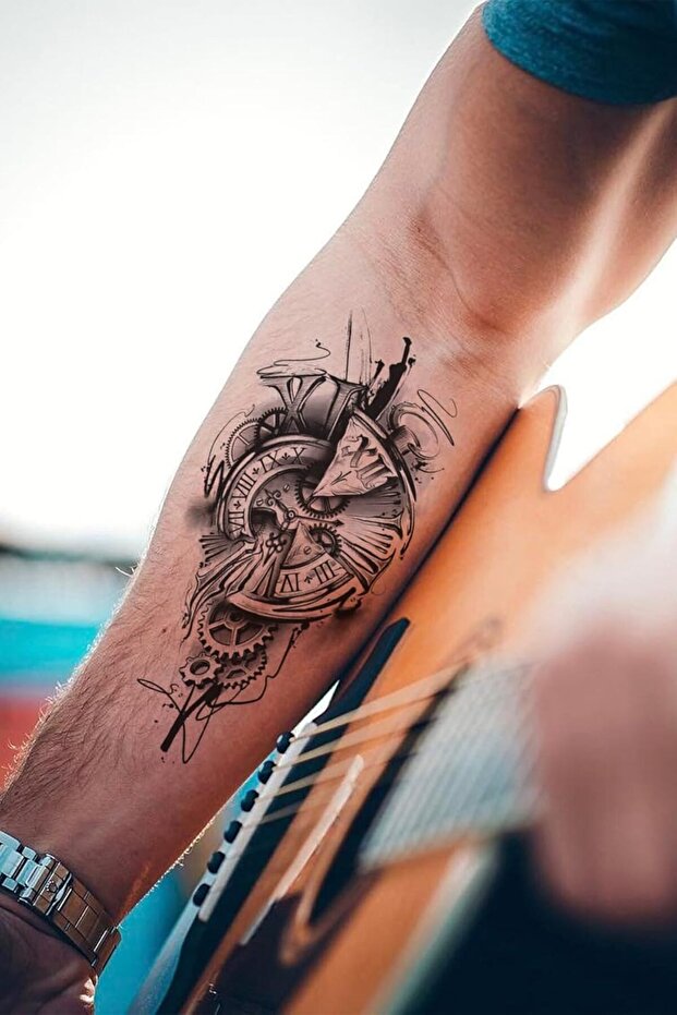 BearPear Gerçek Dövme Görünümlü 3 Boyutlu Saat Dövmesi, Tattoo, Erkek Geçici Dövme, Kol Dövmesi, Omu - 1