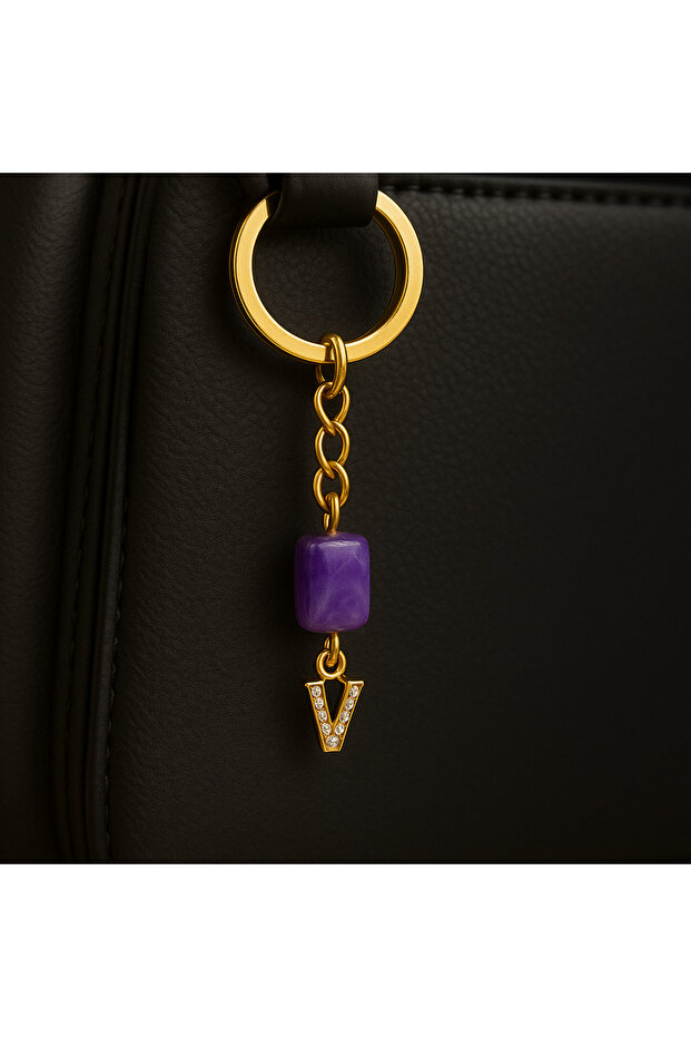 Gold Color Stone V Letter Purple Amethyst Stone Keychain Charm