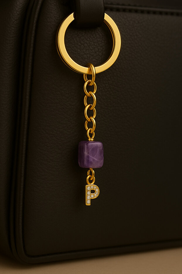 Gold Color Stone P Letter Purple Amethyst Stone Keychain Charm