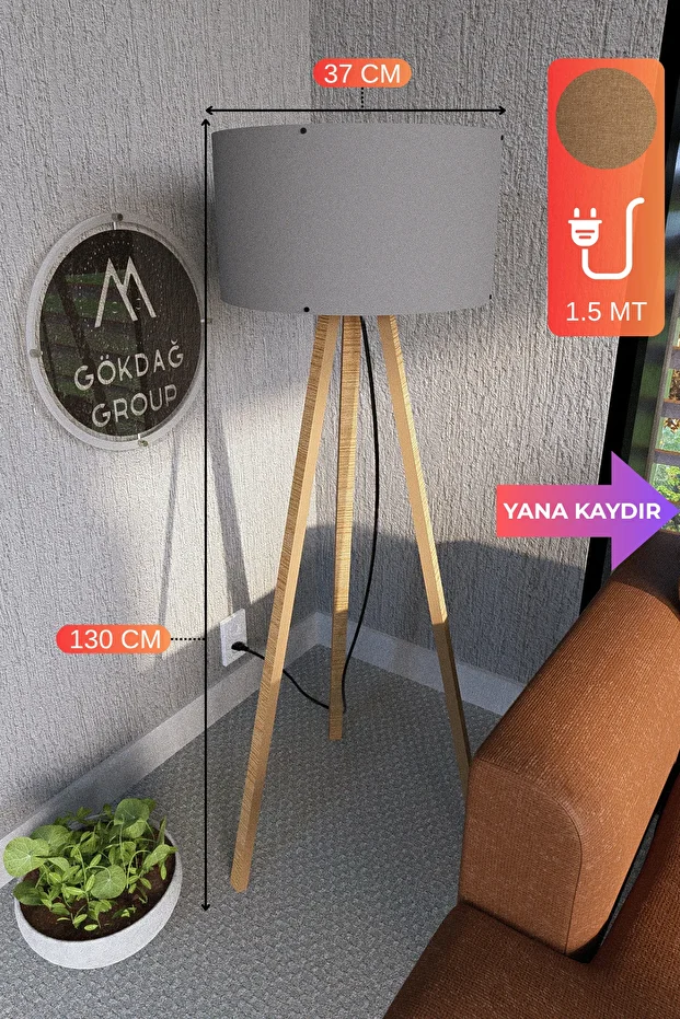 3 Ayaklı MEGA BOY Tripod Lambader Abajur Açık Gri Kumaş Başlık - 1