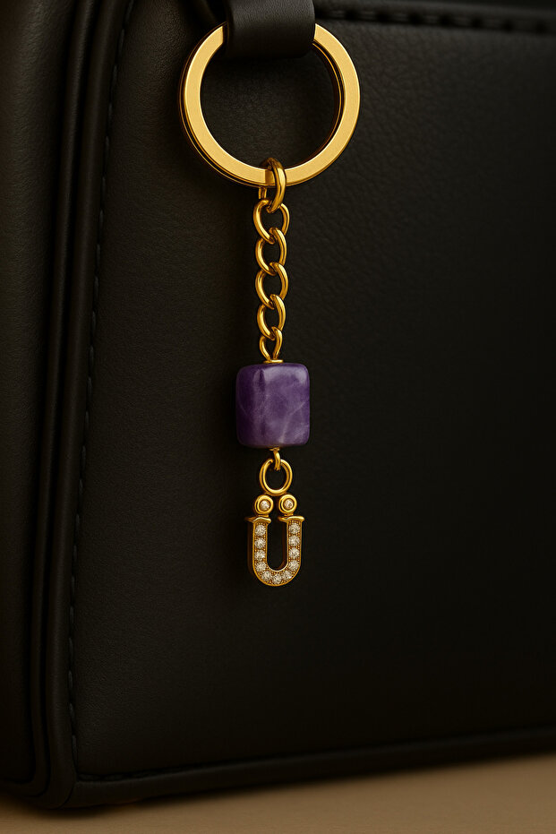 Gold Color Stone Purple Amethyst Stone Keychain Charm with Letter U