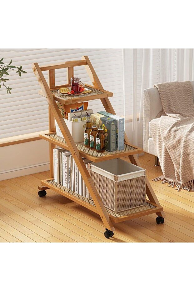 FFD Bamboo Foldable Kitchen Trolley: Multifunctional Serving Cart with Wooden Frame