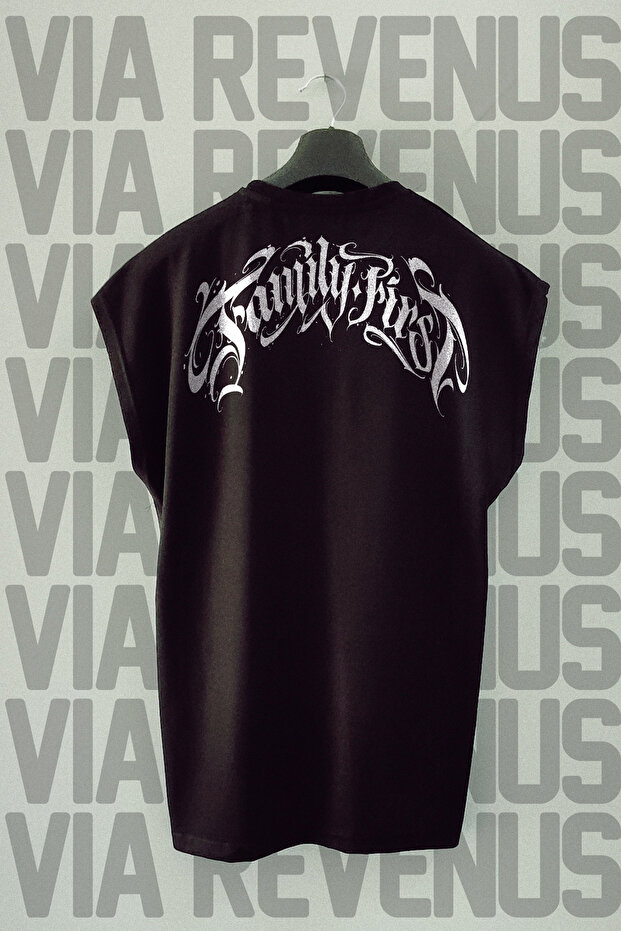 Family First Back Printed Zero Sleeve Crew Neck Sports Tshirt