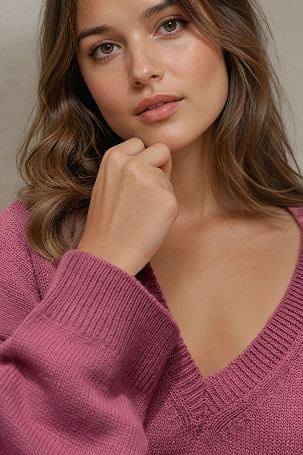 Kalın Örme V-Yaka Kazak - 2