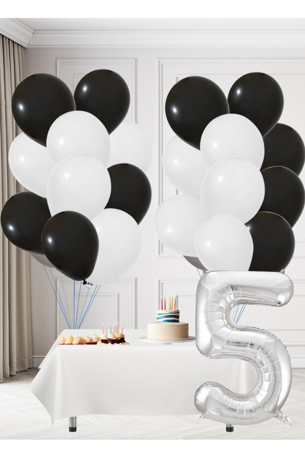 5 Year Old Black and White Fan Themed Birthday Set Black and White Balloons Silver Foil Number