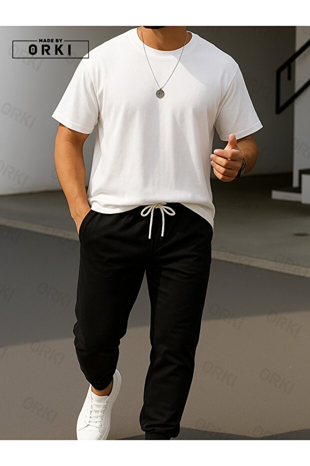 Power Fit – Oversize White T-Shirt & Black Pants Jogger Tracksuit Set