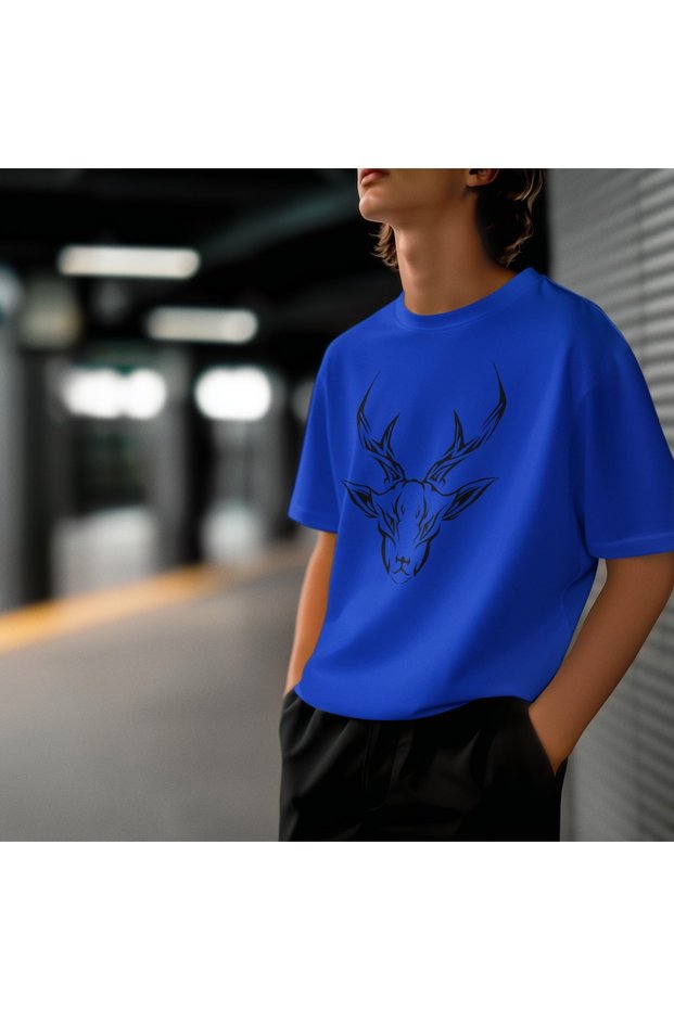 Girl/Woman Black Deer Transfer Printed Round Neck Short Sleeve T-Shirt