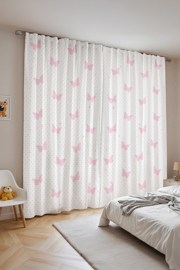 White Butterflies Patterned Children's Baby Room Background Curtain (Single Wing Pricing)