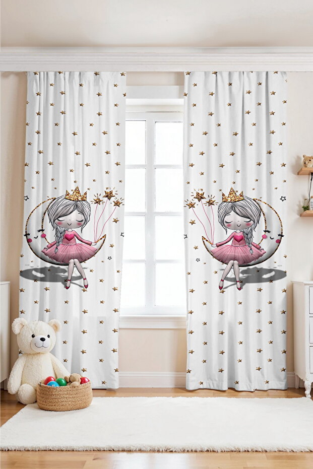 3B White Moon Princess Patterned Children's Baby Room Background Curtain (Single Wing Pricing)