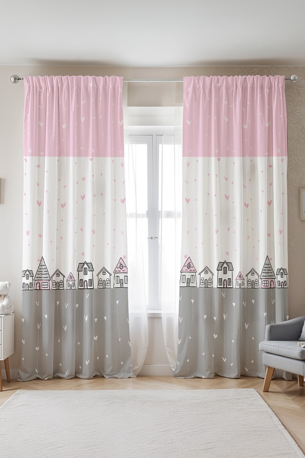 Pink Gray Houses Patterned Children's Baby Room Background Curtain (Single Wing Pricing)