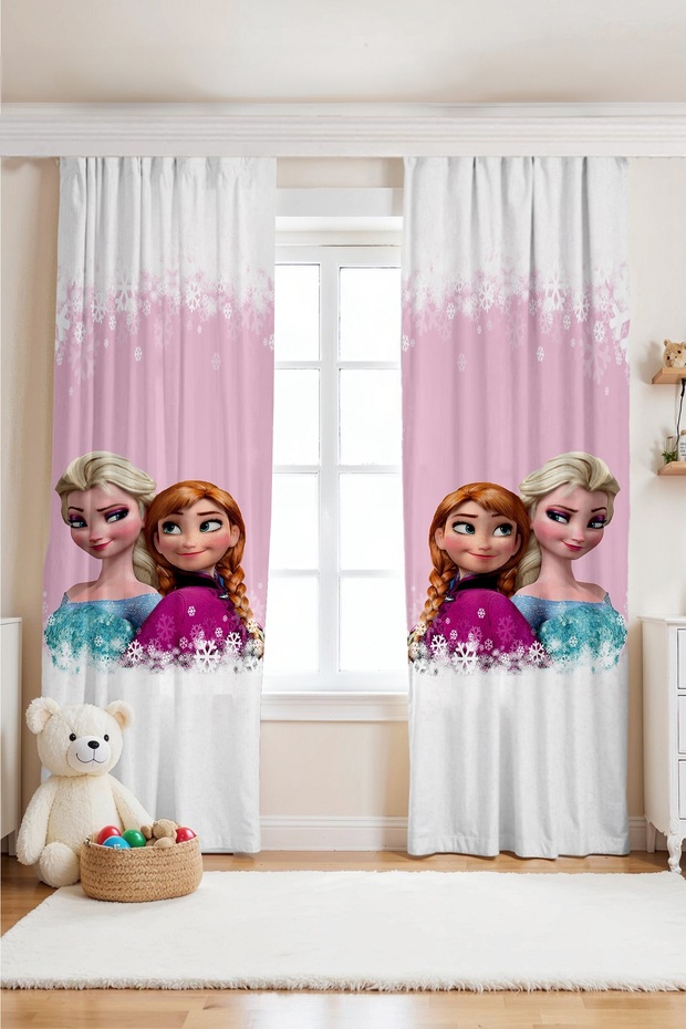 Pink Snowy Elsa Anna Patterned Children's Baby Room Background Curtain (Single Wing Pricing)