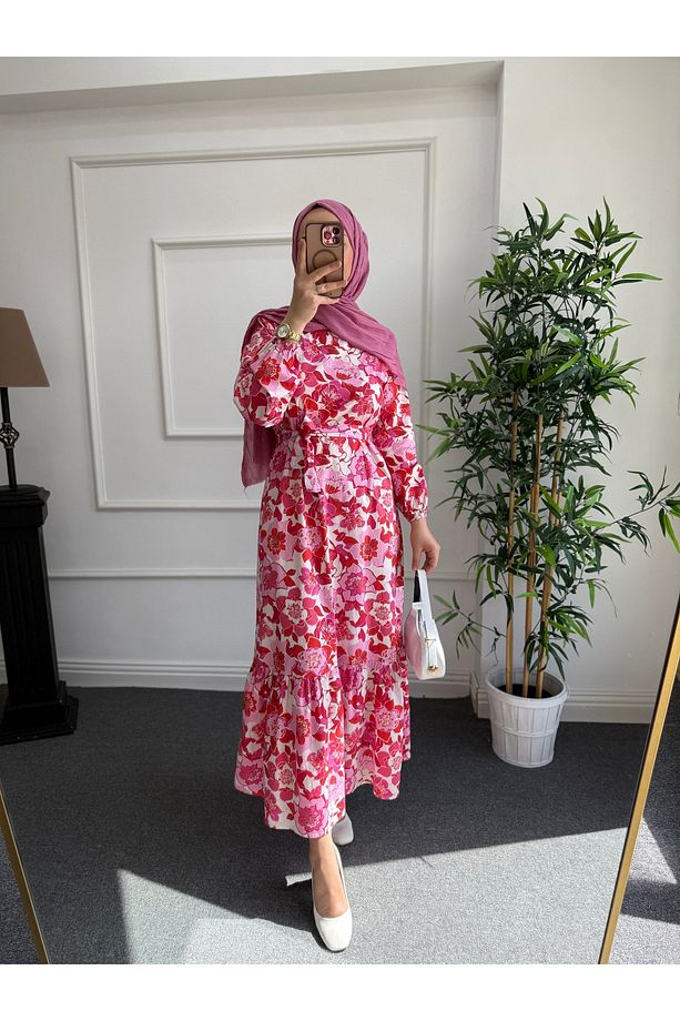 Pembe Çiçek Desenli Tesettür Elbise - 3