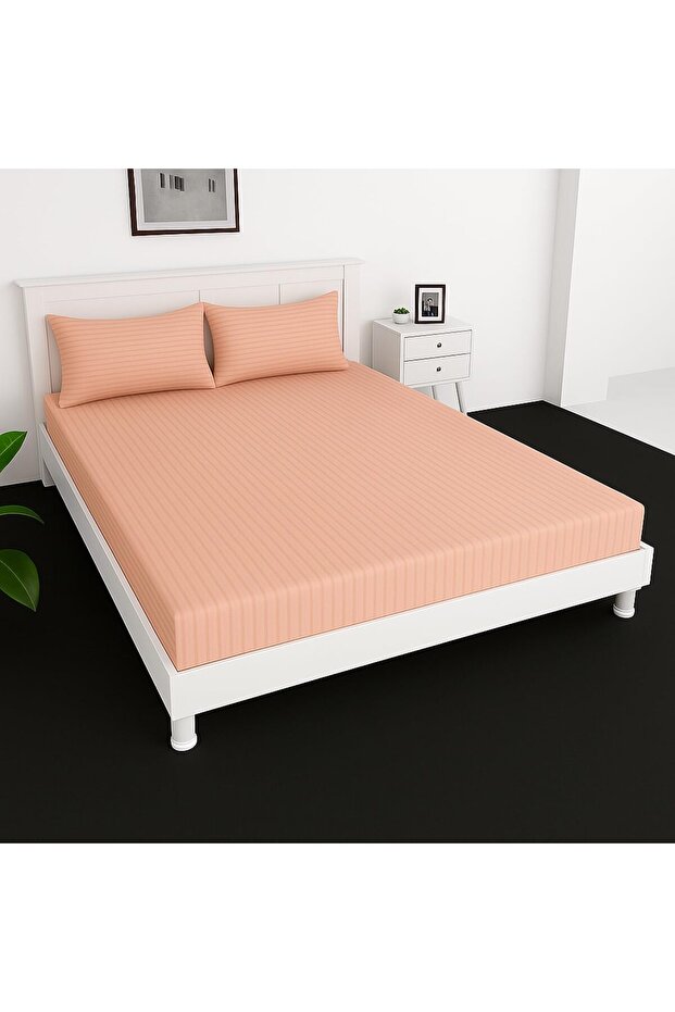 Extra Deep Fitted Elastic Bedsheet Set With Pillow Covers (Peach, Double (120x200+30CM))
