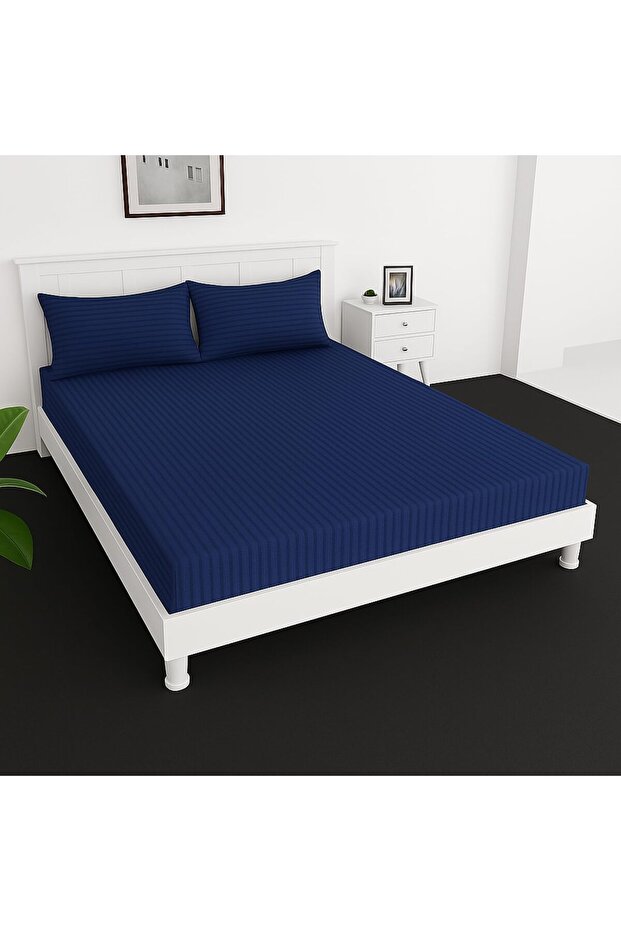 Extra Deep Fitted Elastic Bedsheet Set With Pillow Covers (Navy Blue, King)