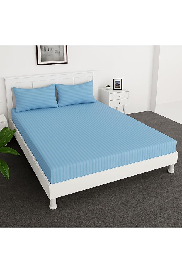 Extra Deep Fitted Elastic Bedsheet Set With Pillow Covers (Sky blue, Single (90x190+30CM))