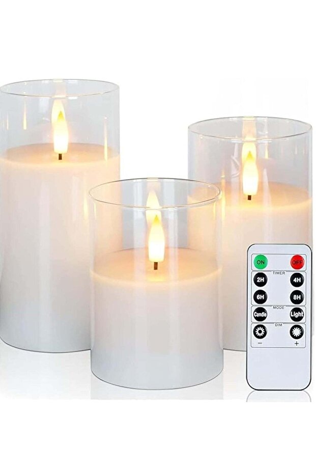 ELTRAZONE Set of 3 Glass Flameless Candles with Timer & Remote Control Flickering LED Pillar Candle - 1
