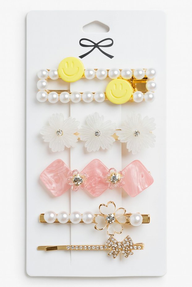 Shiny and Stylish 5-Piece 6 cm Hair Clip Set – Pearl, Flower and Stone Detail