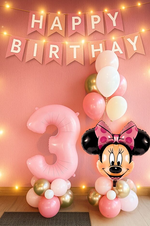 3 Year Old Minnie Mouse Pink Number Balloon Happy Birthday Written Banner Mini Mouse Balloon Pink Theme