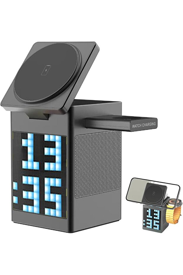 TERRION 3-in-1 Bluetooth Speaker & Wireless Charger with Alarm Clock (Black)