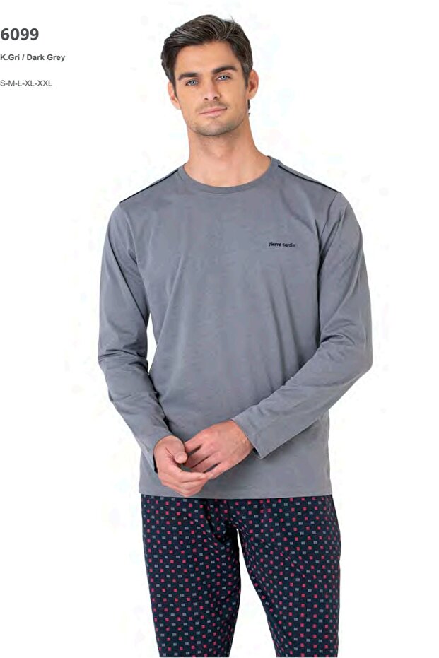 6099 Men's Long Sleeve Crew Neck Pajama Set-Gray