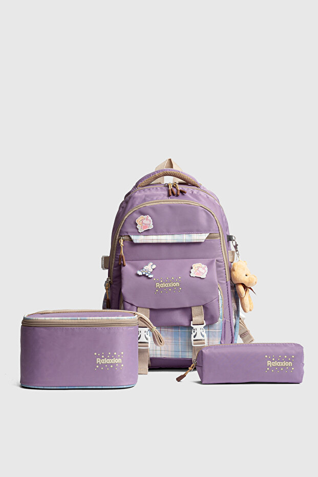 Rlx-1396 Set of 3 Children's Primary School Bag Backpack with Pen Holder and Lunch Bag Lila
