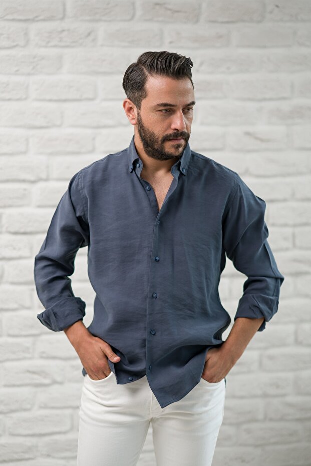 Regular Fit Yaka Düğmeli Yazlık Modal Kumaş Erkek Gömlek - 1