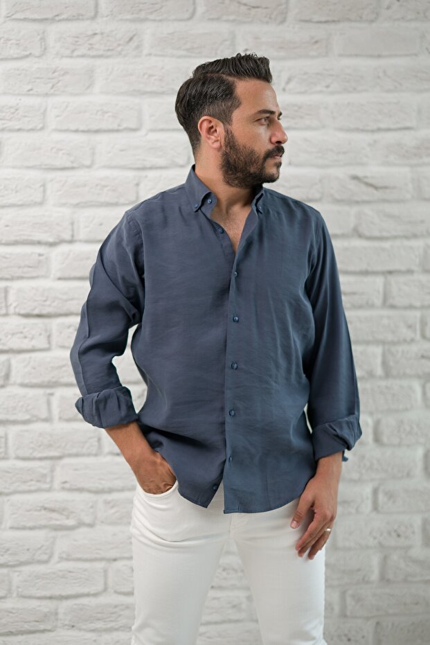 Regular Fit Yaka Düğmeli Yazlık Modal Kumaş Erkek Gömlek - 7