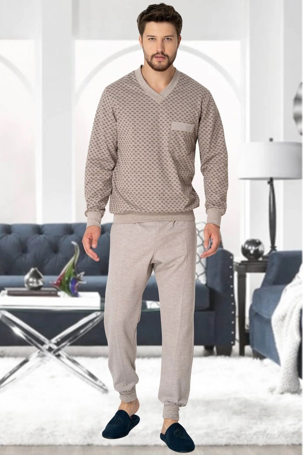 Men's Plus Size Pajama Set 90% Cotton, 10% Viscose Raised Fabric Autumn-Winter Season