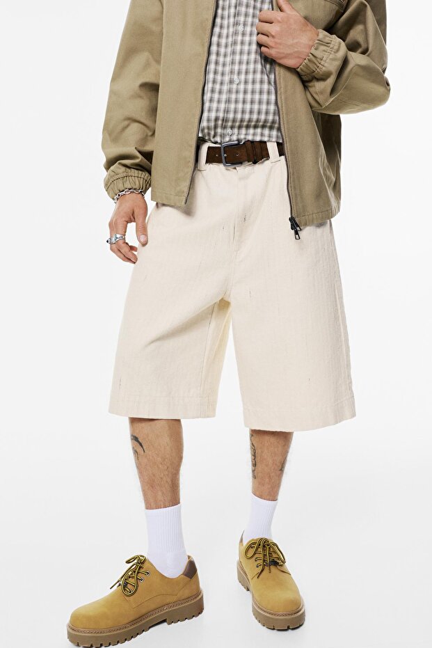 Çizgili denim bermuda şort - 4