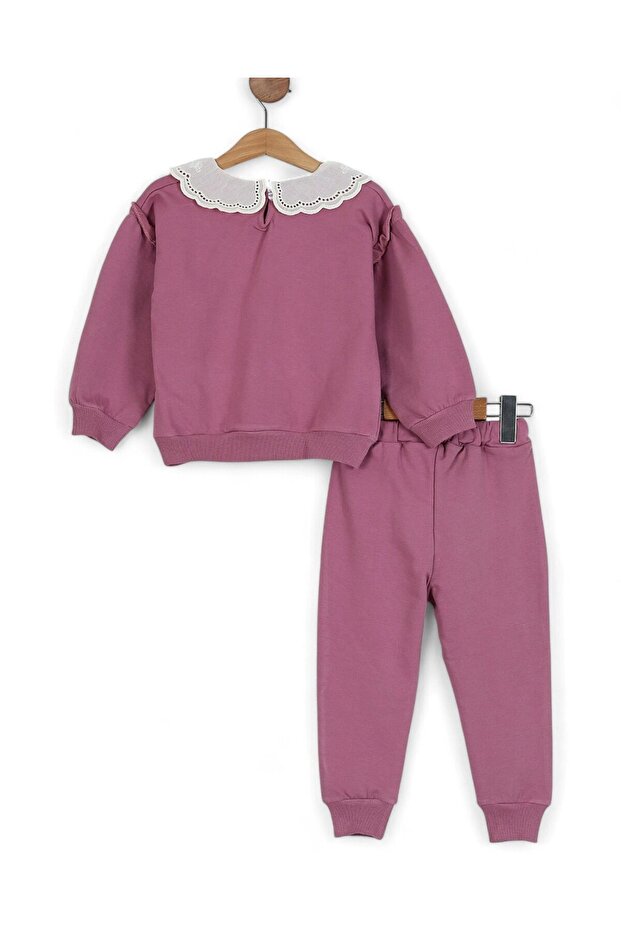 Kız Çocuk Basic Mevsimlik Brode Dantel Yakalı, Oversize, Kolu Fırfırlı, Şık Eşofman Takımı - 3