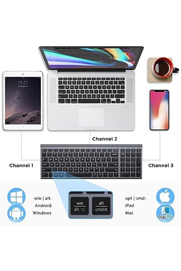 BK10 Bluetooth Keyboard - Universal Wireless & Rechargeable Ultra-Slim with Number Pad, Ergo - 3