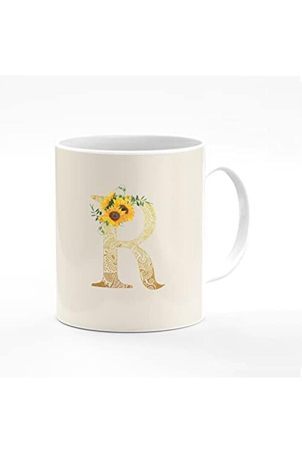 Ceramic Coffee Mug - 11 Oz, Custom Initial Letter in Flower Design - R (White Biscuit)