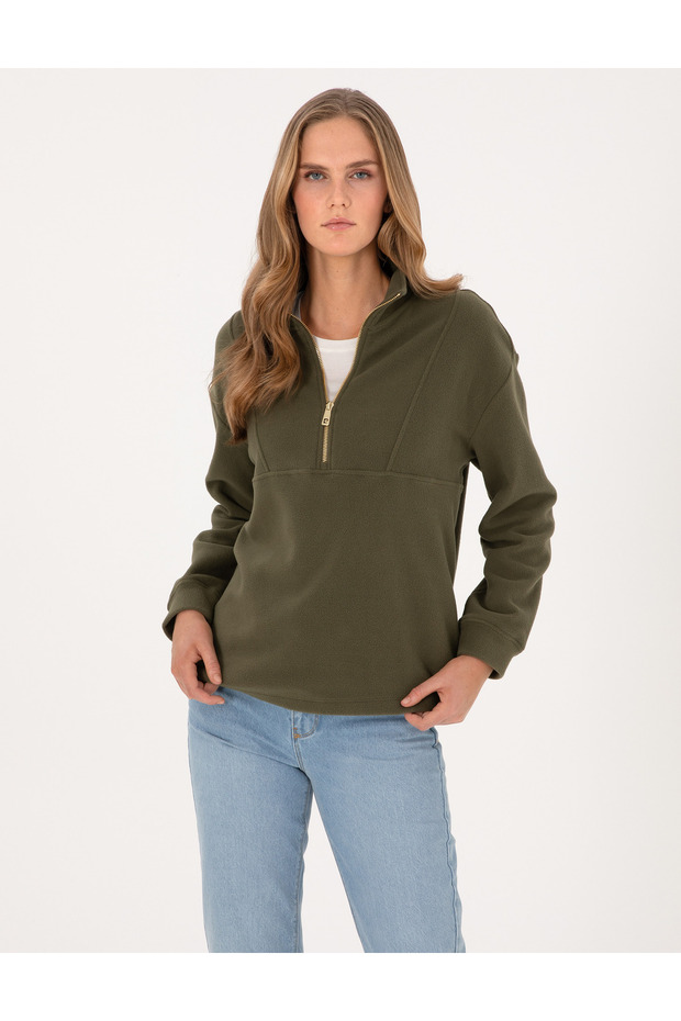 Khaki Comfort Fit Zippered Fleece Sweatshirt 50314954-Vr027