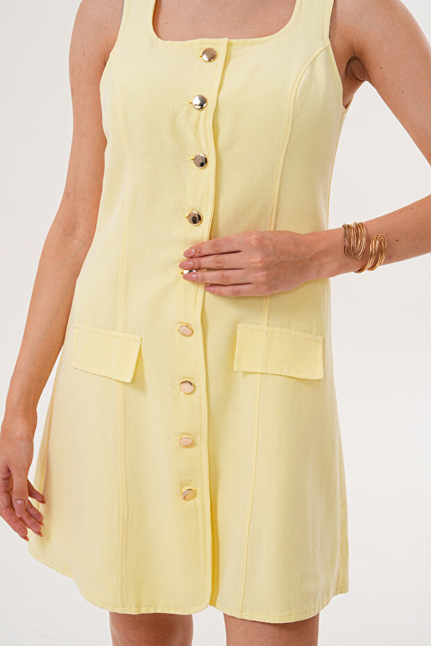 Önü Düğmeli %100 Pamuk Yazlık Mini Elbise - 8