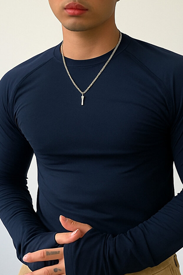 Ανδρικό μπλουζάκι Navy Blue μακρυμάνικο Basic - 2