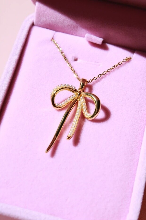 Gold Ribbon Necklace with Steel Pearl Detail