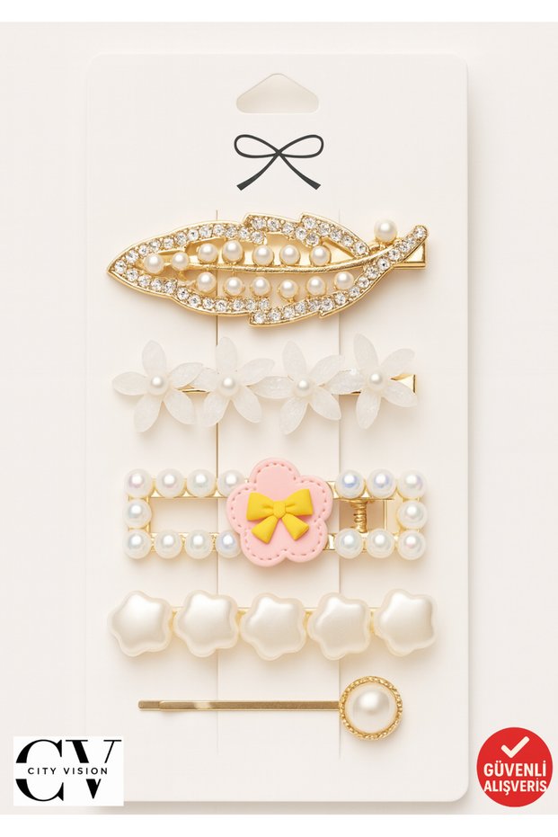 Set of 5 Pearl & Stone Detailed Hair Clips (6 cm) — Floral, Leaf Model, Gold