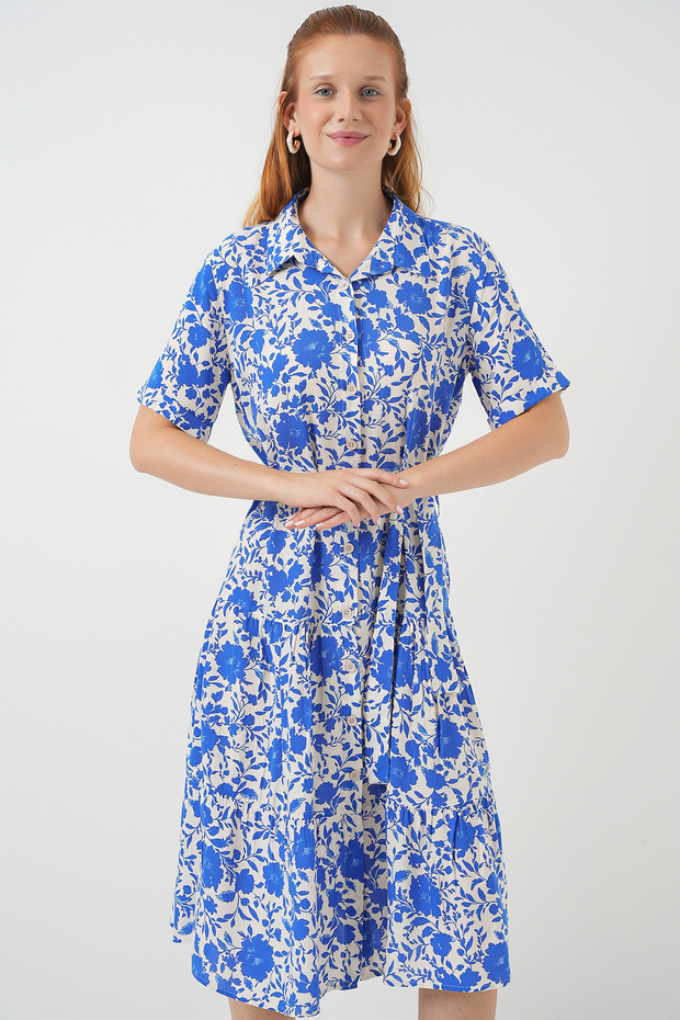Women's Short Sleeve Patterned Dress Cobalt Blue 1181